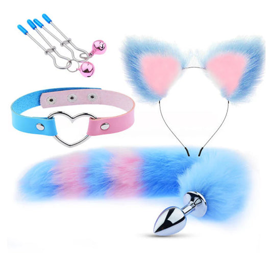 BDSM Bondage Set Nipple Clamps Fox Tail Anal Plug Roleplay Cat Ears Headband Plug Anal Tail Leather Neck Collar Adult Cosplay