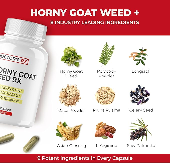 Doctor's RX Horny Goat Weed + 9X Ingredients | #1 Recommended Men's Supplement Pills to Increase Blood-Flow, Size & Stamina | Fast Acting Blood-Flow & Circulation | L-Arginine + 8 Others - 60 Caps in Pakistan